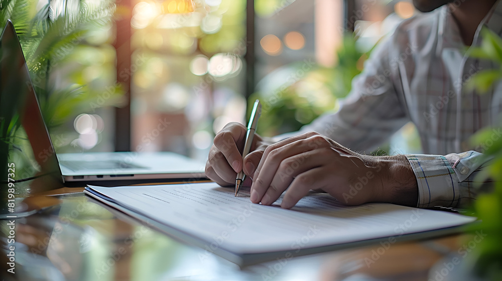 A businessman in the office completes an insurance form A businessman in the office completes an insurance form
