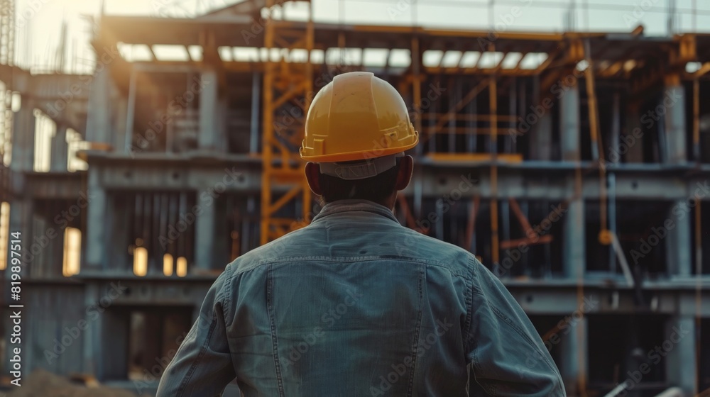 Construction worker wearing hard hat looking at building under construction
