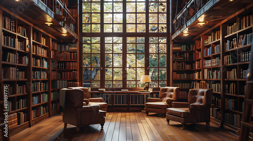 a cozy, inviting library with large windows, wooden shelves filled with books, and comfortable seating areas.