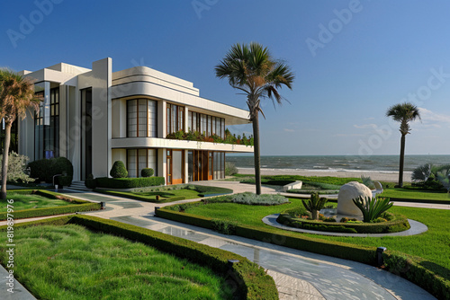 an elegant Art Deco mansion with geometric designs, a manicured lawn with sculpted bushes, and a stylish garage. The mansion is located on a glamorous beach with a boardwalk, shimmering sand, and the 