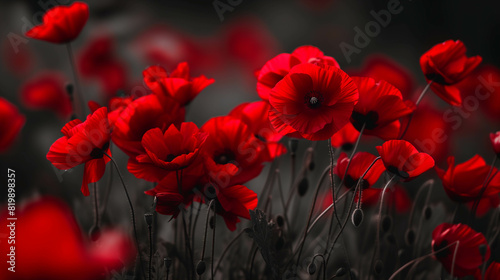 A vibrant field of red poppies against a dark background  showcasing the striking contrast and delicate beauty of each flower in full bloom.