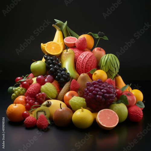 Colorful assortment of fresh fruits including grapes  apple  orange  watermelon  and more on a dark background.