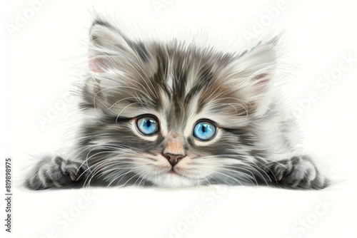 A cute blue-eyed kitten resting on a white background. Ideal for pet and animal themed designs photo