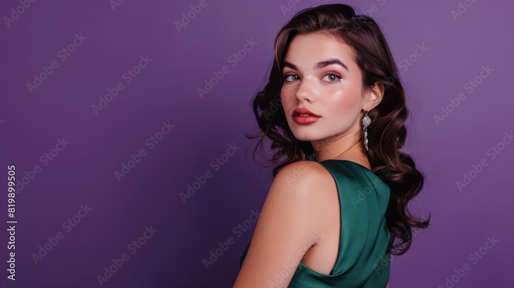 A portrait of a stylish and well-dressed young woman exuding elegance and charm against a luxurious purple background.