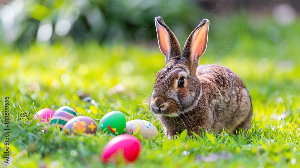 A brown rabbit sitting on green grass next to colorful Easter eggs in a garden, basking in the sunlight. A brown rabbit sitting on green grass next to colorful Easter eggs in a garden, basking in the sunlight.