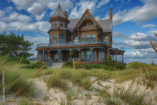 An elegant Victorian mansion with intricate woodwork and wraparound porches, set on a sandy beach with rolling dunes. The manicured lawn has a classic gazebo, and a vintage-style garage complements th