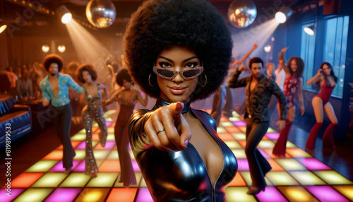 Confident black woman with afro pointing at camera in vibrant 70s disco dancefloor. photo