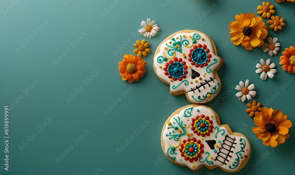 Day of the Dead Decorated Sugar Cookies  on green background Festive with copy space