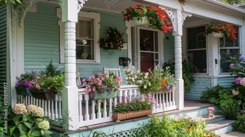 A charming bed and breakfast with a welcoming porch, flower boxes. © Gul Hassan