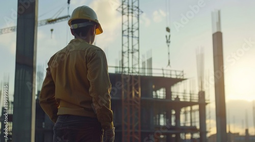 Construction worker wearing hardhat looking at building under construction