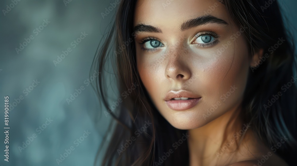 A striking portrait showcases the beauty of a young brunette, her flawless evening makeup enhancing her features as she gazes with gentle kindness at the viewer. A striking portrait showcases the beauty of a young brunette, her flawless evening makeup enhancing her features as she gazes with gentle kindness at the viewer.