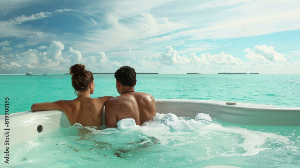 Two individuals relaxing in a hot tub placed in the ocean water Two individuals relaxing in a hot tub placed in the ocean water