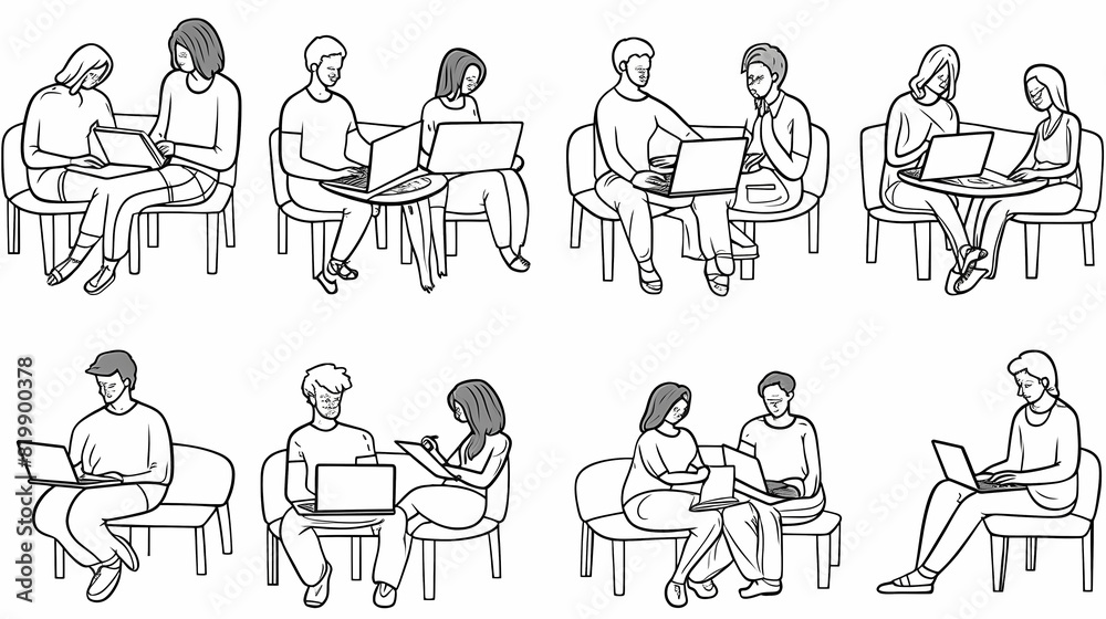 Set of black and white cartoon illustrations for freelancers Adults who have traveled far from isolated 2D cultures. Teleworking monochrome vector image collection Set of black and white cartoon illustrations for freelancers Adults who have traveled far from isolated 2D cultures. Teleworking monochrome vector image collection