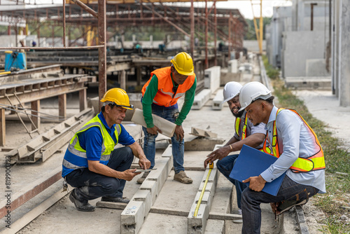 A team of constructors or engineers from different ethnicities work together in a precast factory for their production.