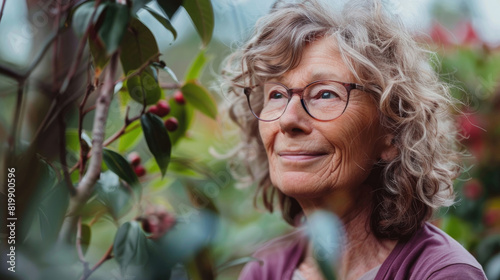 An elderly woman with curly hair and glasses looks content as she admires the greenery and berries in a vibrant, lush garden under the soft morning light
