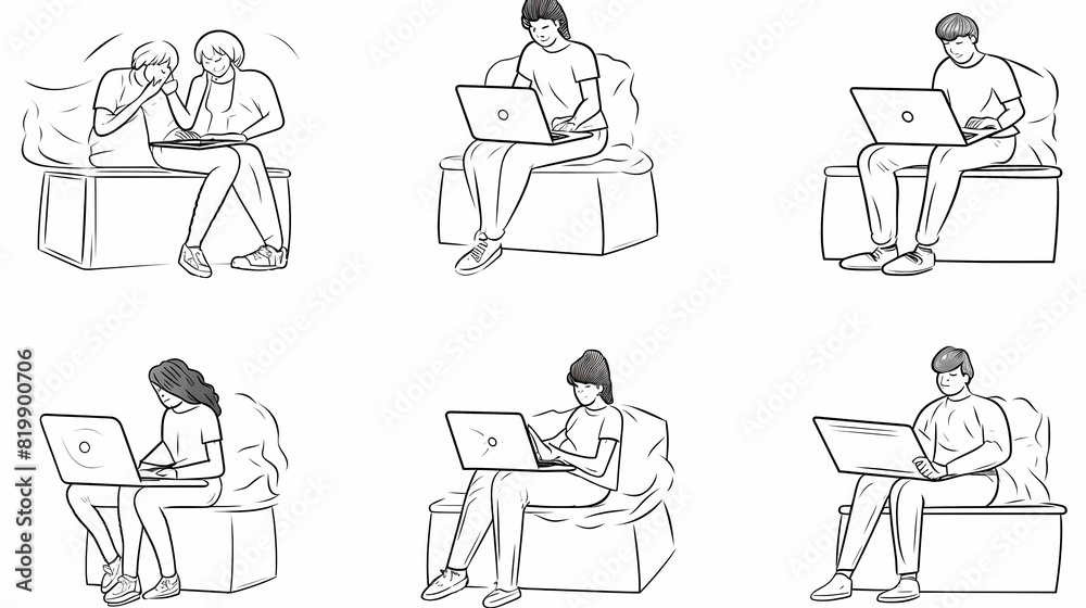 Set of black and white cartoon illustrations for freelancers Adults who have traveled far from isolated 2D cultures. Teleworking monochrome vector image collection Set of black and white cartoon illustrations for freelancers Adults who have traveled far from isolated 2D cultures. Teleworking monochrome vector image collection