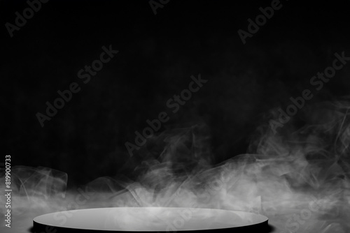Podium black dark smoke background product platform abstract stage texture fog spotlight. Dark black floor podium dramatic empty night room table concrete wall scene place display studio smoky dust. photo