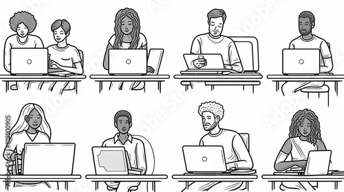 Set of black and white cartoon illustrations for freelancers Adults who have traveled far from isolated 2D cultures. Teleworking monochrome vector image collection