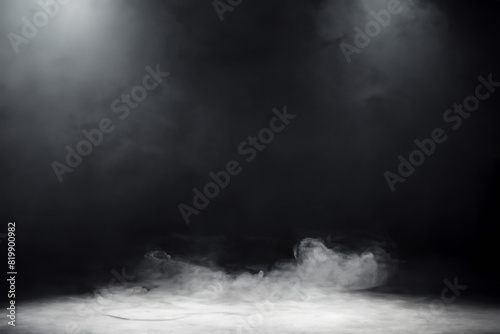 Podium black dark smoke background product platform abstract stage texture fog spotlight. Dark black floor podium dramatic empty night room table concrete wall scene place display studio smoky dust.