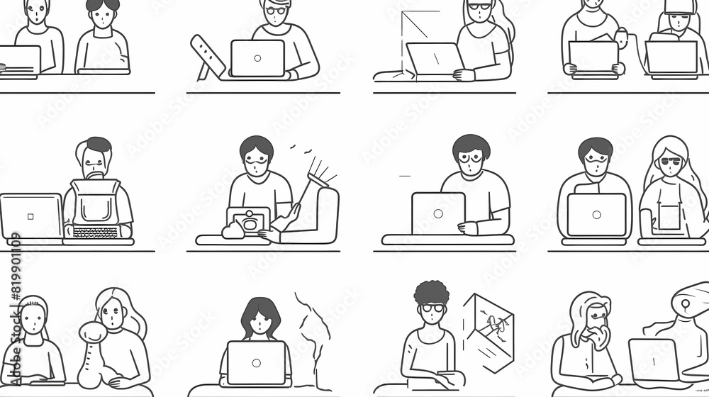Set of black and white cartoon illustrations for freelancers Adults who have traveled far from isolated 2D cultures. Teleworking monochrome vector image collection Set of black and white cartoon illustrations for freelancers Adults who have traveled far from isolated 2D cultures. Teleworking monochrome vector image collection