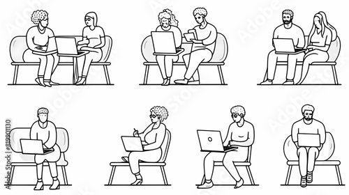 Set of black and white cartoon illustrations for freelancers Adults who have traveled far from isolated 2D cultures. Teleworking monochrome vector image collection