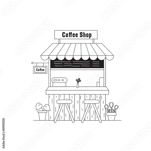 vector illustration. Small business facades flat set with bakery coffee shop. Hand drawn line art illustration.