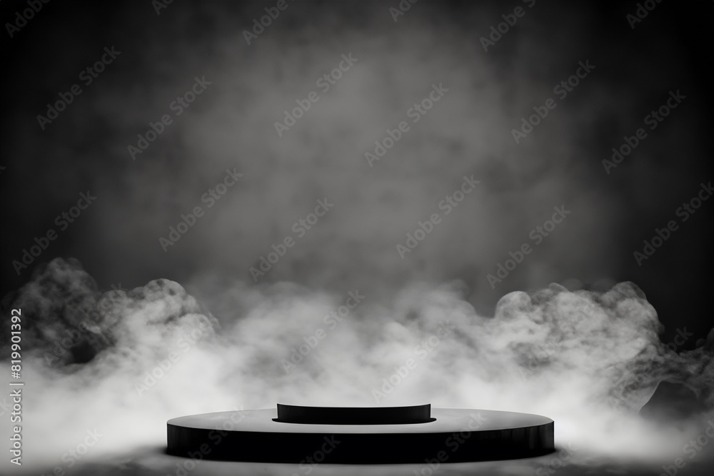 Podium black dark smoke background product platform abstract stage texture fog spotlight. Dark black floor podium dramatic empty night room table concrete wall scene place display studio smoky dust.