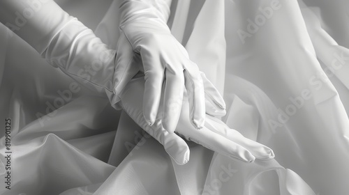 Close-up of a person's hands wearing white gloves, gently resting on a white fabric with a smooth texture