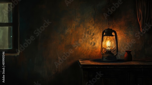 Lit kerosene lantern on a wooden surface, casting a warm glow on the surrounding area