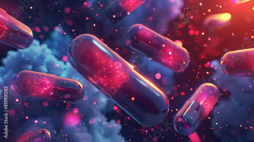A variety of red and blue pills suspended in mid-air photo