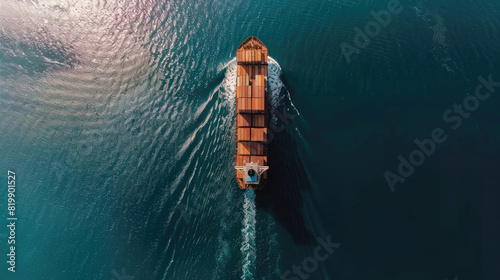 Aerial view of a large cargo ship sailing in the vast expanse of the ocean photo