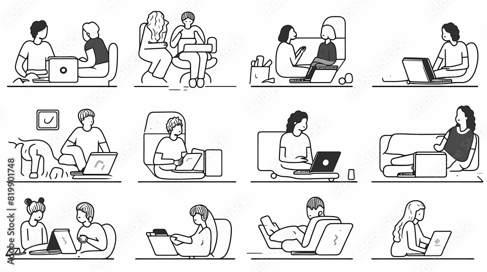 Set of black and white cartoon illustrations for freelancers Adults who have traveled far from isolated 2D cultures. Teleworking monochrome vector image collection Set of black and white cartoon illustrations for freelancers Adults who have traveled far from isolated 2D cultures. Teleworking monochrome vector image collection