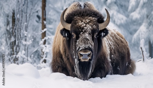 A mighty American Bison thick fur covered with frost and snow, Bison walks in extreme winter weather, standing above snow with a view of the frost mountains