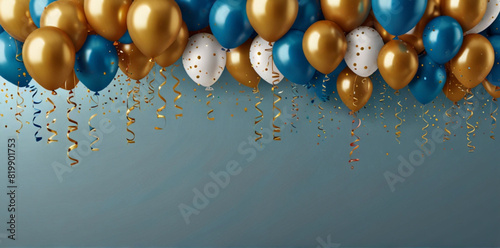 Birthday party decoration with blue and gold balls