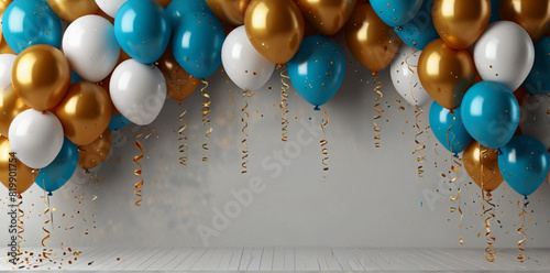 Birthday party decoration with blue and gold balls