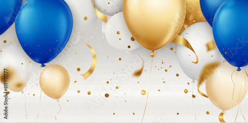 Birthday party decoration with blue and gold balls on the white background