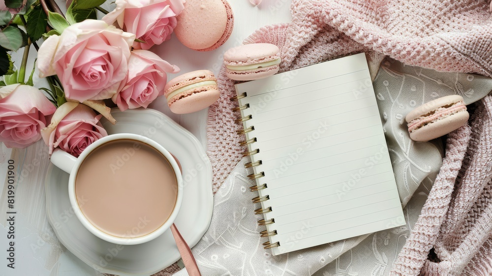 Coffee Cup, Macaroons, and Roses on a Table Coffee Cup, Macaroons, and Roses on a Table