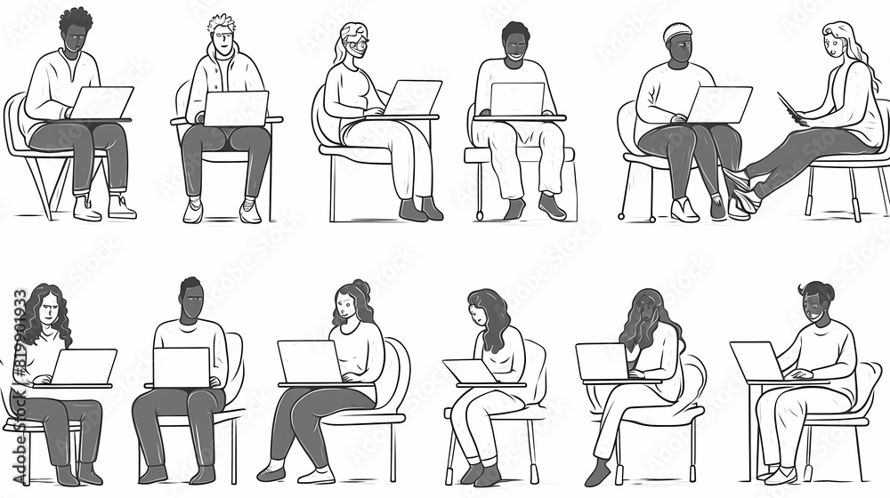 Set of black and white cartoon illustrations for freelancers Adults who have traveled far from isolated 2D cultures. Teleworking monochrome vector image collection Set of black and white cartoon illustrations for freelancers Adults who have traveled far from isolated 2D cultures. Teleworking monochrome vector image collection
