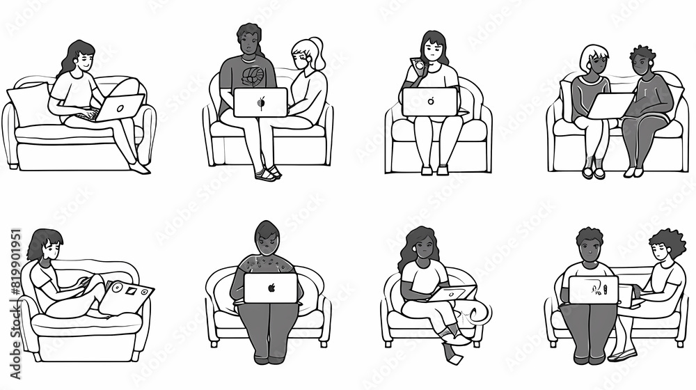 Set of black and white cartoon illustrations for freelancers Adults who have traveled far from isolated 2D cultures. Teleworking monochrome vector image collection Set of black and white cartoon illustrations for freelancers Adults who have traveled far from isolated 2D cultures. Teleworking monochrome vector image collection