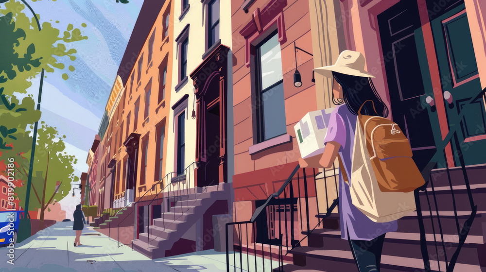 Fototapeta premium A young woman with a backpack and large hat walks up the steps of a brownstone building carrying a package. The bright, sunny morning highlights the urban street lined with trees