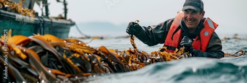 Smiling Middle-Aged Caucasian Male Harvesting Kelp in Ocean Farm during Daylight, Demonstrating Sustainable Agriculture photo