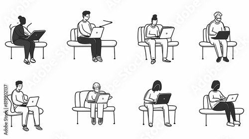 Set of black and white cartoon illustrations for freelancers Adults who have traveled far from isolated 2D cultures. Teleworking monochrome vector image collection