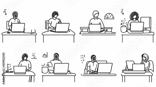 Set of black and white cartoon illustrations for freelancers Adults who have traveled far from isolated 2D cultures. Teleworking monochrome vector image collection © ak159715