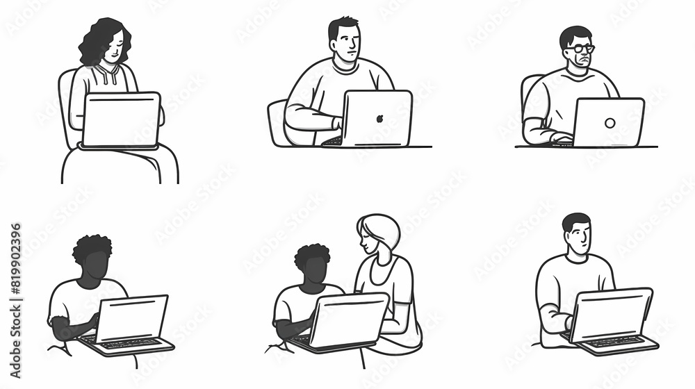 Set of black and white cartoon illustrations for freelancers Adults who have traveled far from isolated 2D cultures. Teleworking monochrome vector image collection Set of black and white cartoon illustrations for freelancers Adults who have traveled far from isolated 2D cultures. Teleworking monochrome vector image collection