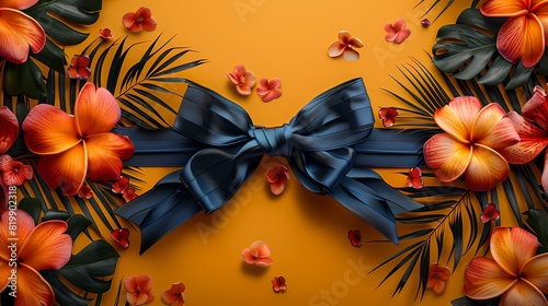 A tropical-themed ribbon bow mockup with floral accents on a solid background