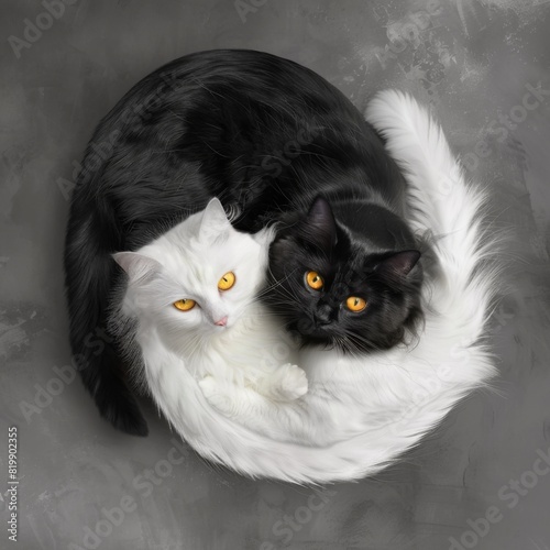 Two cats black and white lie in a yin yang shape photo