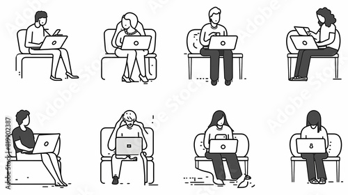 Set of black and white cartoon illustrations for freelancers Adults who have traveled far from isolated 2D cultures. Teleworking monochrome vector image collection