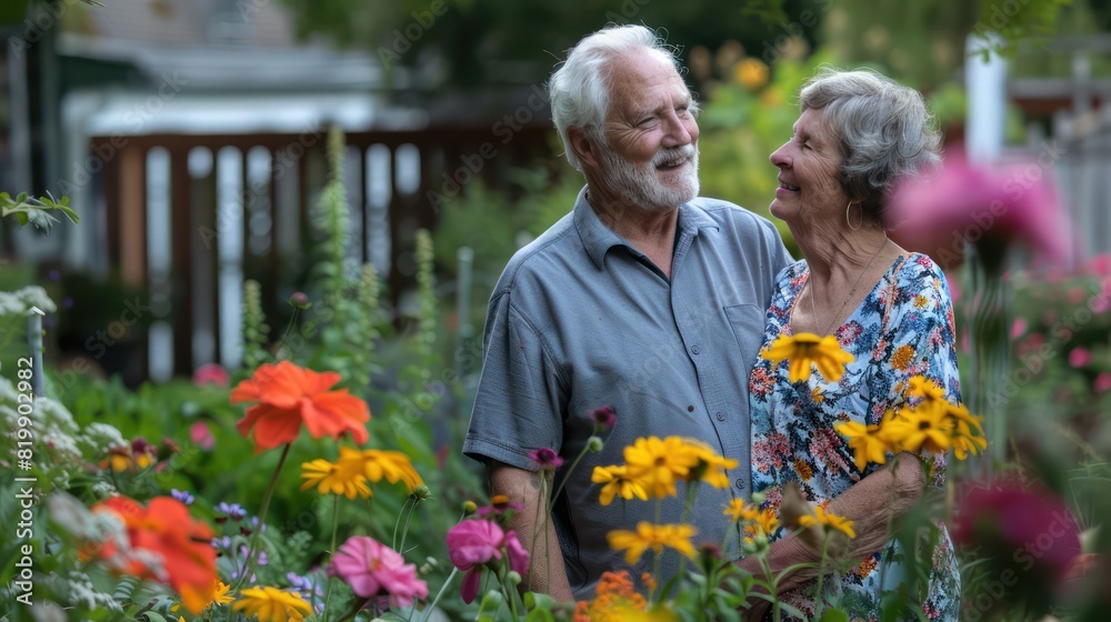 A content senior couple gazes lovingly at each other while standing amidst their backyard flowers. A content senior couple gazes lovingly at each other while standing amidst their backyard flowers.