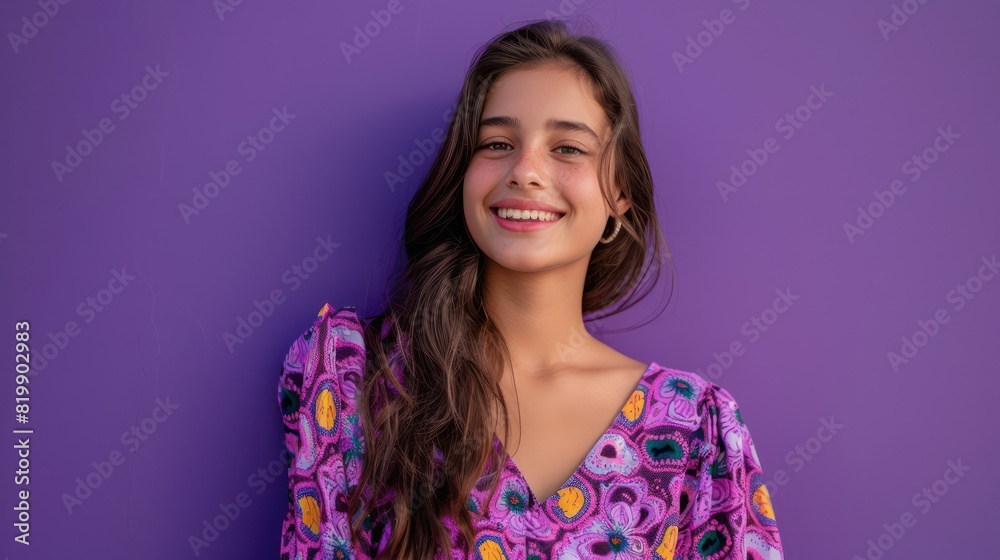An attractive and cheerful girl poses with confidence in her fashionable attire, radiating contentment and grace against a vibrant purple backdrop. An attractive and cheerful girl poses with confidence in her fashionable attire, radiating contentment and grace against a vibrant purple backdrop.