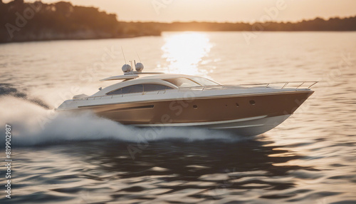 luxury speed boat vehicle yacht white, golden hour.
